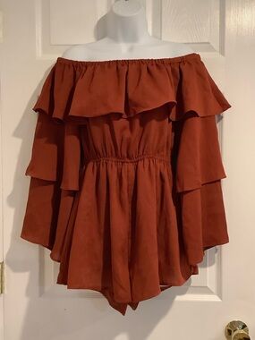 LOVE & OTHER THINGS Rust Off The Shoulder Ruffled Tiered Bell Sleeve Fall Romper